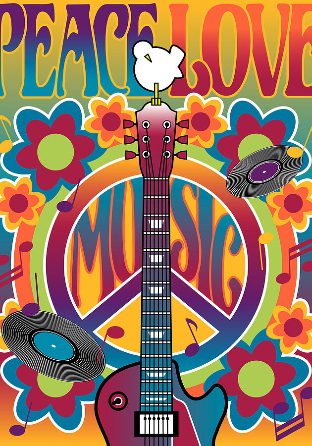 PLH Band An illustration of a guitar peace symbol and dove dedicated to the Woodstock Music and Art Fair of 1969.